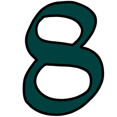 a gothic-style teal-coloured arabic numeral 8.
